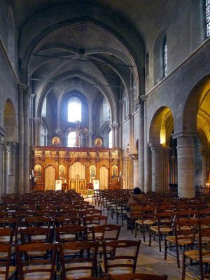 Interior view of Saint-Julien-le-Pauvre church showing architectural details