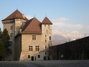 Medieval stone castle on a hill in Annecy, France