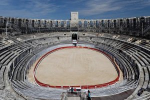 Interior of Arles Amphitheatre showing the arena and seating tiers