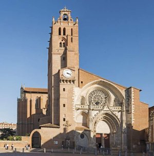 Facade of Saint Stephen Cathedral in Toulouse with detailed Gothic architecture