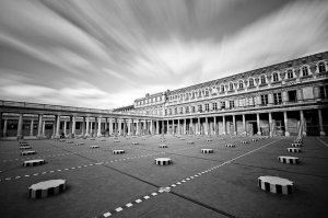 Black and white striped contemporary columns from Les Deux Plateaux in Palais Royal, Paris
