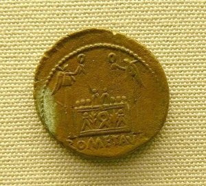 Bronze Dupondius coin featuring Emperor Augustus and reverse showing the Altar of the Three Gauls with inscriptions
