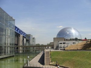 The Geode, a reflective spherical structure in Parc de la Villette, Paris