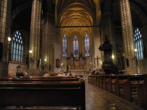 Nave interior of Sainte-Croix Church in Nantes with architectural details