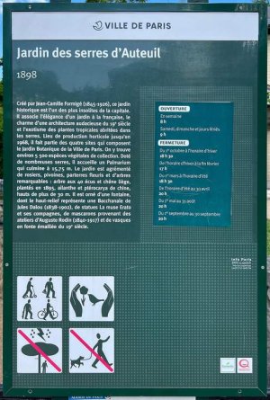 Place name sign for Jardin des Serres d'Auteuil in Paris
