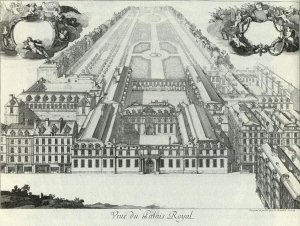 Historical engraving showing a detailed view of the Palais-Royal in Paris around 1675