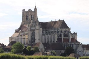 Facade of Auxerre Cathedral Saint Stephen showing gothic architectural details
