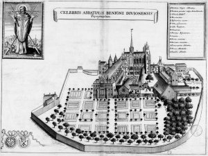 17th-century engraved plan of Saint-Bénigne Abbey in Dijon from Monasticon Gallicanum