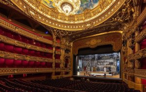 Lavish interior of Palais Garnier opera house with ornate ceilings and balconies