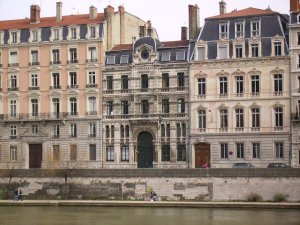 Facade of the Grande Synagogue de Lyon facing the Saône river and Quai Tilsitt