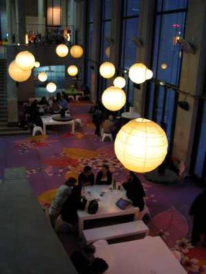 Interior view of Palais de Tokyo main hall featuring Michael Lin art installation