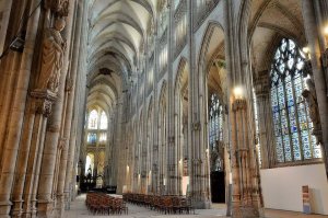 Interior view of the Abbey-Church of Saint-Ouen in Rouen showcasing Gothic architecture