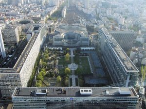 Elevated view of Jardin Atlantique and Paris Montparnasse train station from Montparnasse Tower