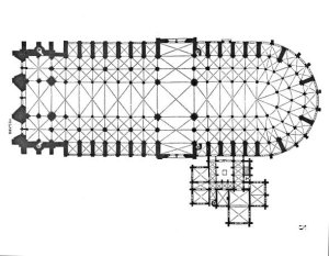 Architectural plan drawing of Notre-Dame de Paris cathedral