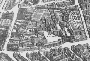 Engraved map detail of Quartier du Temple in Paris from 1734, part of the Plan Turgot