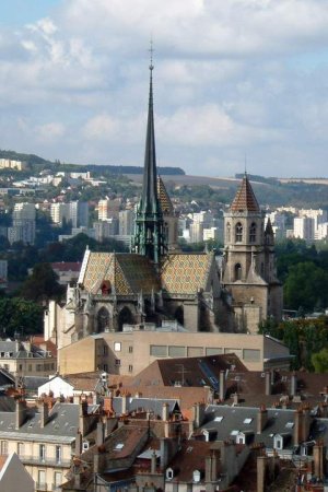 Aerial view of Dijon Cathedral and surrounding cityscape taken from the top of Philippe le Bon tower