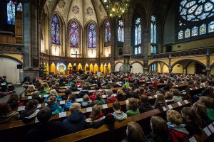 Interior view of St. Paul's Church in Strasbourg during a Taizé international meeting with people gathered