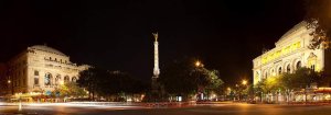 Panoramic view of Place du Châtelet in Paris showing Théâtre du Châtelet, Fountain of the Palm, and Théâtre de la Ville