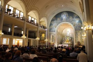 Interior view of the Chapel of Our Lady of the Miraculous Medal with ornate religious decorations