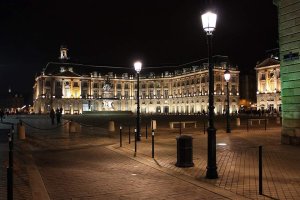 The Three Graces fountain centrally placed in front of the National Customs Museum in Bordeaux, France
