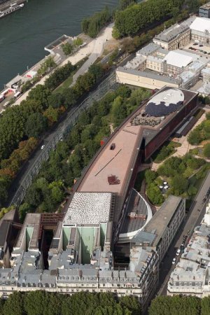 Southwest exterior view of the musée du quai Branly in Paris with modern architecture