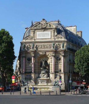 Saint-Michel Fountain with sculpted figures and water basins in Place Saint-Michel, Paris
