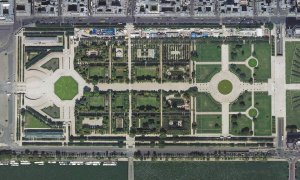 Aerial orthophotographic view of Tuileries Garden in Paris showing detailed garden layout and pathways