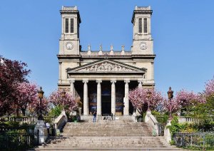 Facade of Saint Vincent de Paul Church in Paris with architectural details