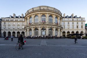 West facade of Rennes Opera house at dusk during the Transat en ville festival