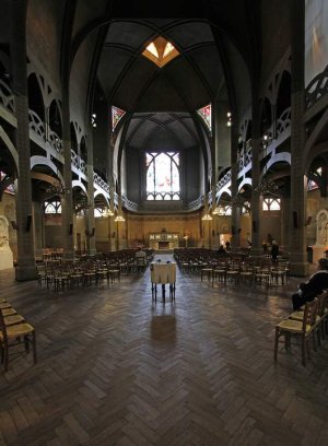 Interior view of Saint-Jean-de-Montmartre church in Paris showing architectural details