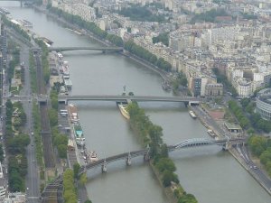 Aerial view of the miniature Statue of Liberty on Île aux Cygnes, Paris