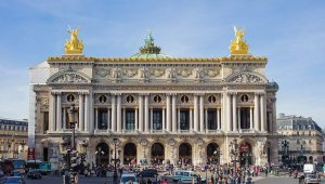 Exterior view of the Palais Garnier opera house in Paris showcasing its ornate architecture