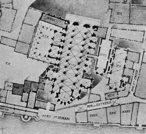 Illustration of design plans for Lyon Cathedral showing architectural details