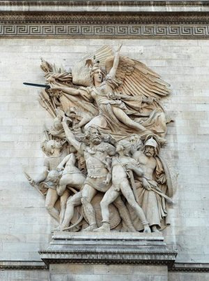 Sculpture of volunteers departing in 1792 on Arc de Triomphe facade in Paris