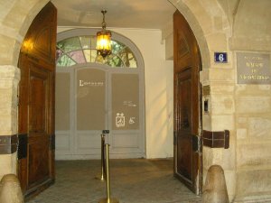 Facade of Maison de Victor Hugo at Place des Vosges in Paris