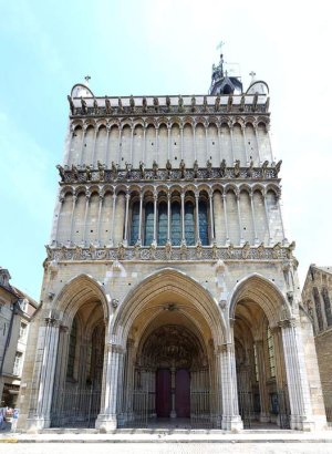 Façade of Notre-Dame Church in Dijon with Gothic architectural details