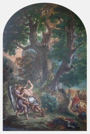 Painting depicting Jacob wrestling with the angel by Eugène Delacroix