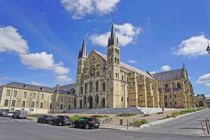 Basilica of Saint-Remi with cityscape of Reims in background