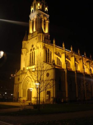 Nighttime view of Sainte-Blandine Church illuminated in Lyon Perrache district