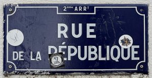 Street name sign plaque for Rue de la République in Lyon, France