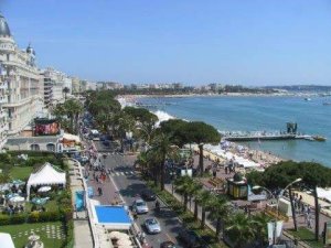 Palm-lined Promenade de la Croisette with festival banners and waterfront in Cannes