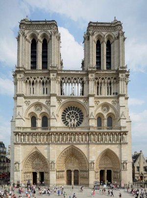 Front view of the main facade of Notre-Dame Cathedral in Paris