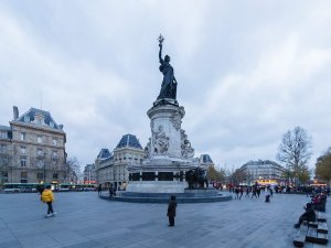 View of Place de la République city square in Paris showing central monument and surrounding buildings