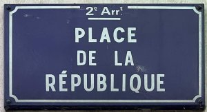 blue and white street name plaque for Place de la République in Lyon