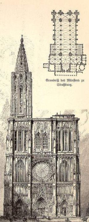 Architectural plans and façade drawing of Strasbourg Cathedral