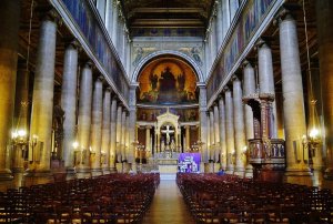 Nave interior of Saint Vincent de Paul church in Paris with architectural details