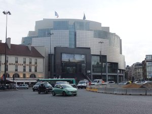 View of Opéra Bastille at Place de la Bastille in Paris with surrounding buildings and trees