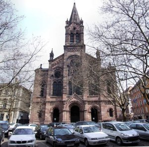 View of Temple Neuf church situated by the river in Strasbourg