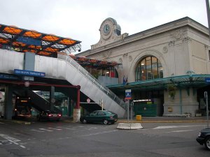Front view of Perrache train station facade in Lyon with classic architectural details