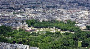 Luxembourg Gardens viewed from the Montparnasse Tower in Paris showing green park with trees